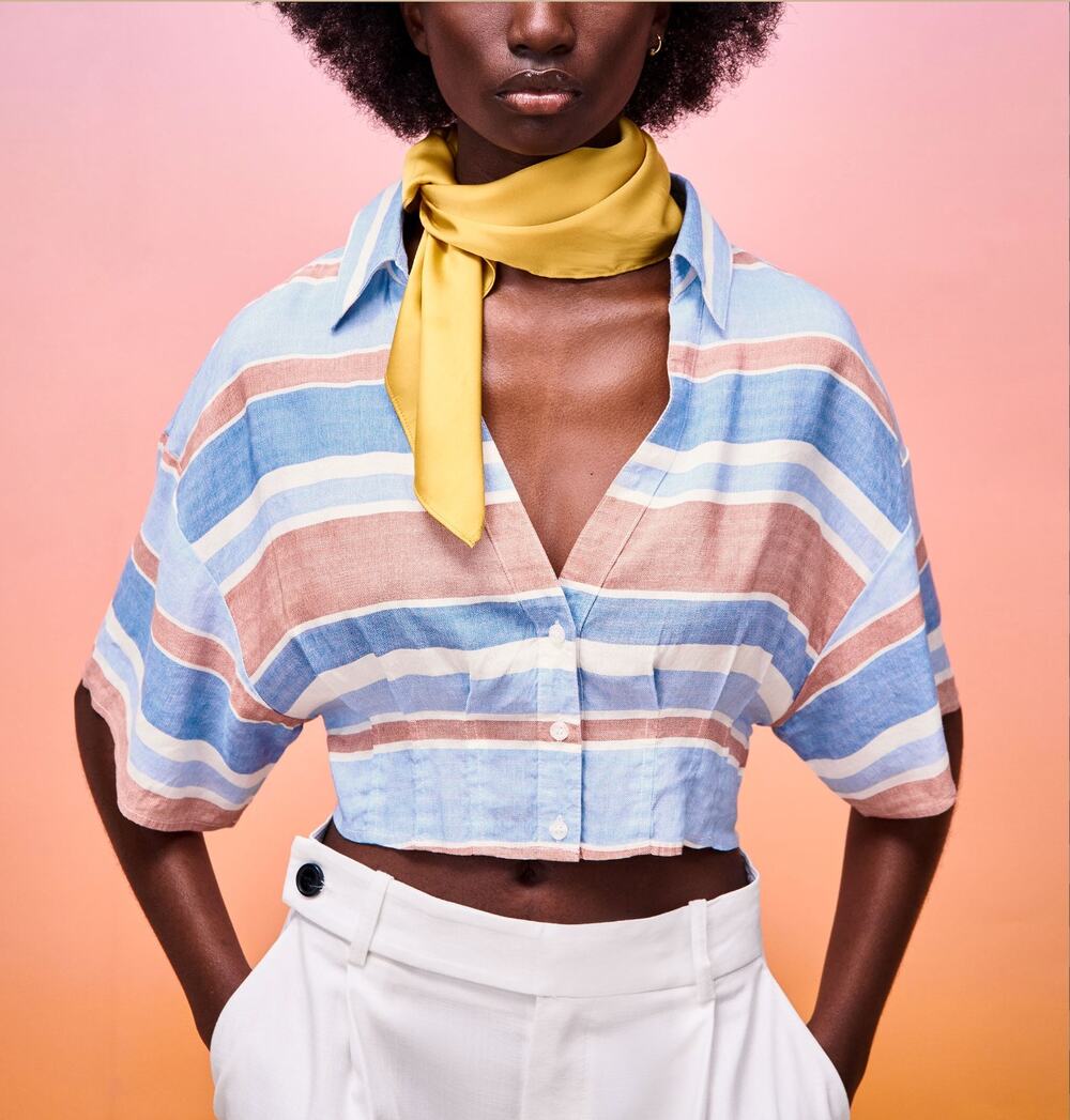 ZARA Blue Red Stripe Linen Blend Short Sleeve Button-Down Cropped Top Size XS